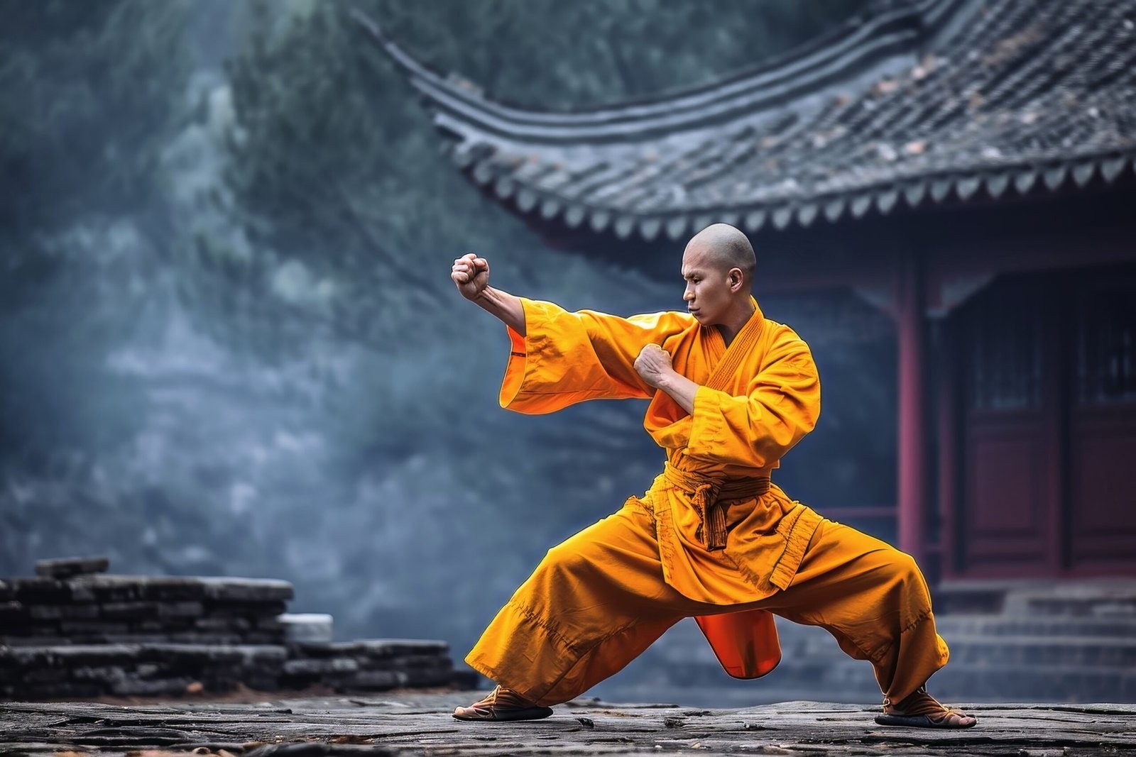 Home a fighting monk at his excersises.
